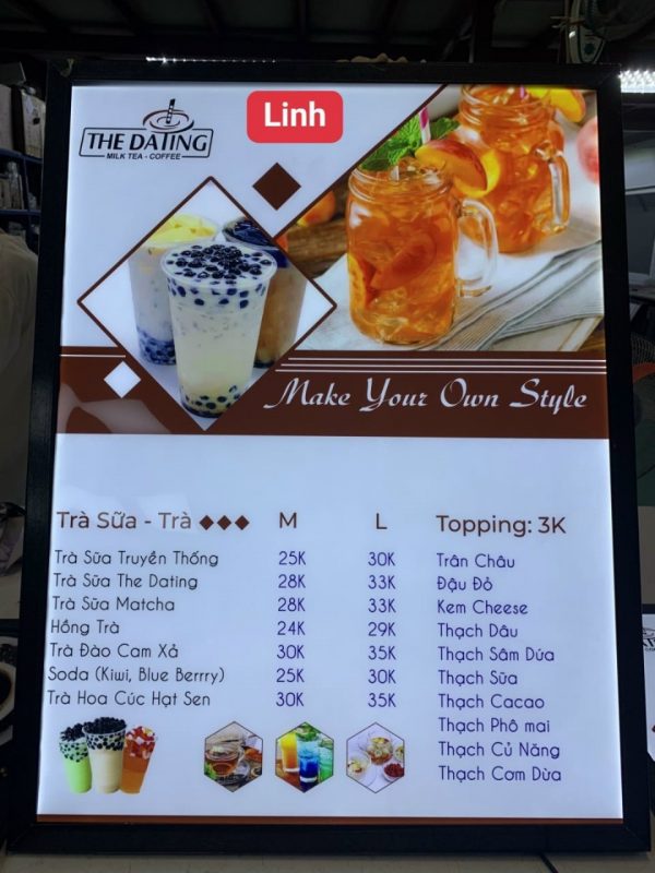 hộp đèn quảng cáo menu dành cho cửa hàng trà sữa